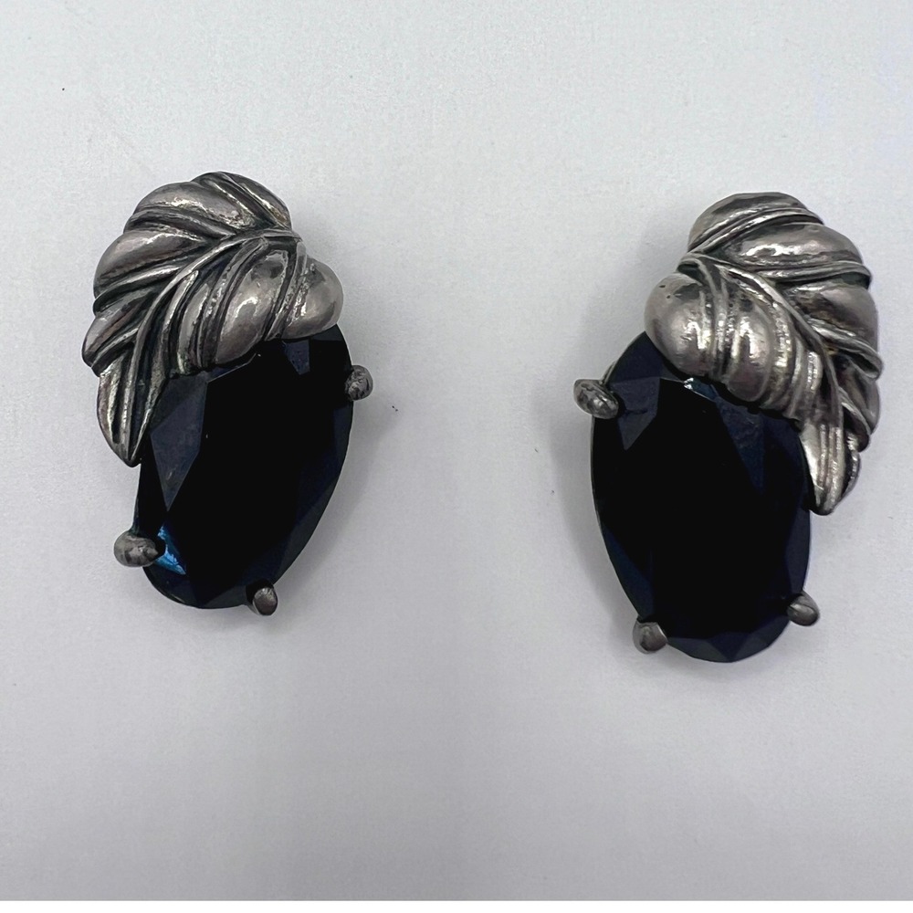 Schiaparelli Clip Earrings Women OS Black Excellent Rhodium Glass Leaf Vintage